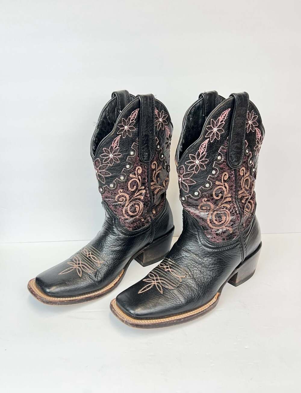 Golden Guns Women's Sz 9 Black Square Toe Western  Boots Floral Embroidery Studs